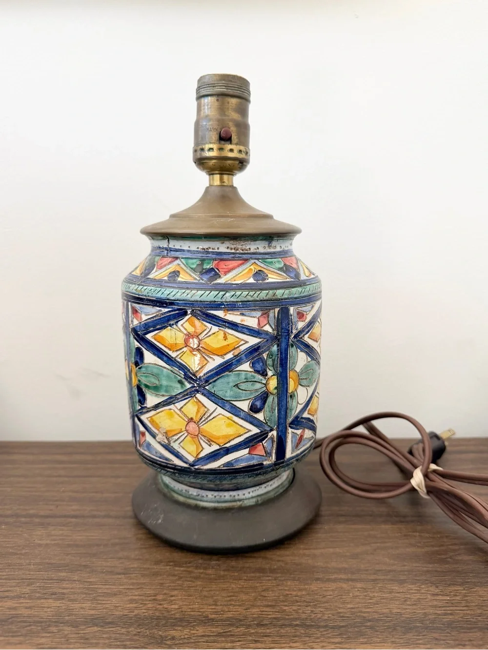 Vintage Majolica Hand Painted Italian Lamp WORKS Gorgeous Floral Geo Print Blue